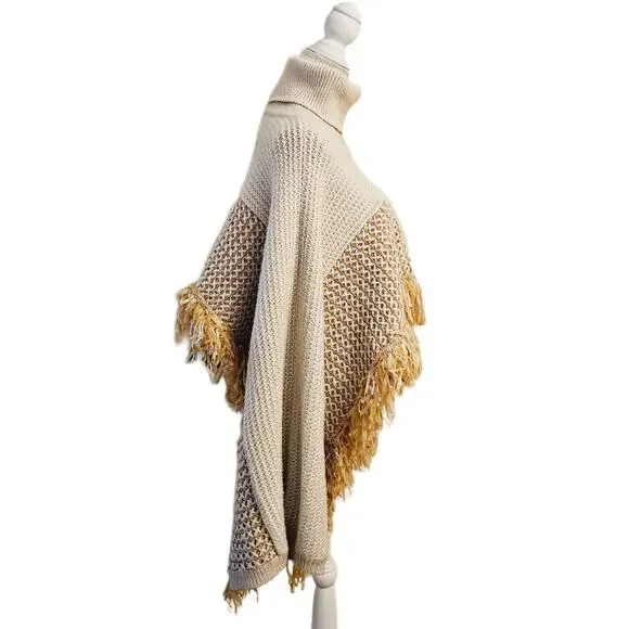 NWOT Anthropologie Fringe Turtleneck Cropped Poncho Sweater $200 - Picture 4 of 8